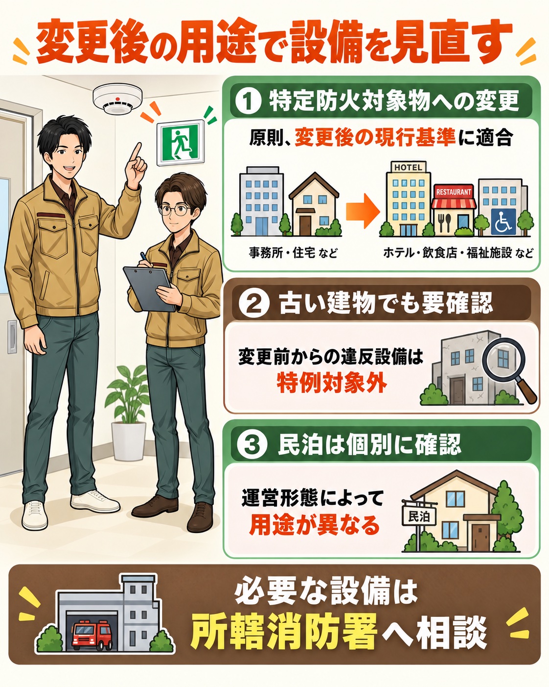 特定防火対象物への用途変更で現行基準への適合が必要になることの図解
