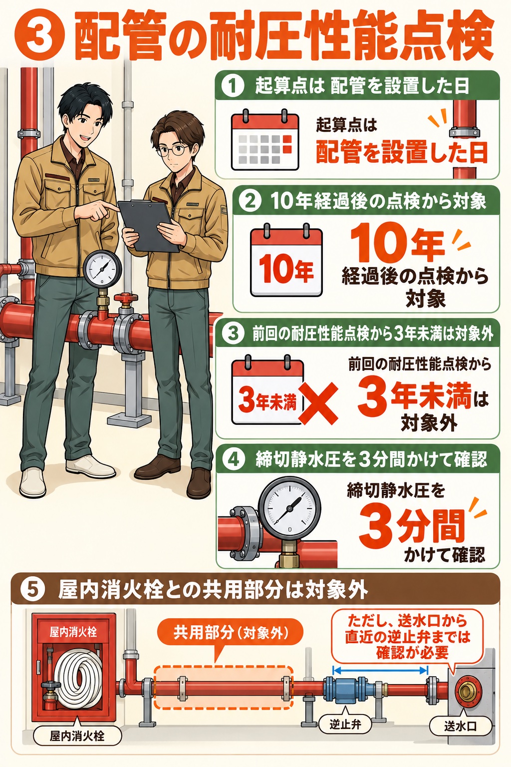配管の耐圧性能点検（起算点は配管を設置した日・10年経過後の点検から対象・前回の耐圧性能点検から3年未満は対象外・締切静水圧を3分間かけて確認・屋内消火栓との共用部分は対象外だが送水口から直近の逆止弁までは確認が必要）の図解