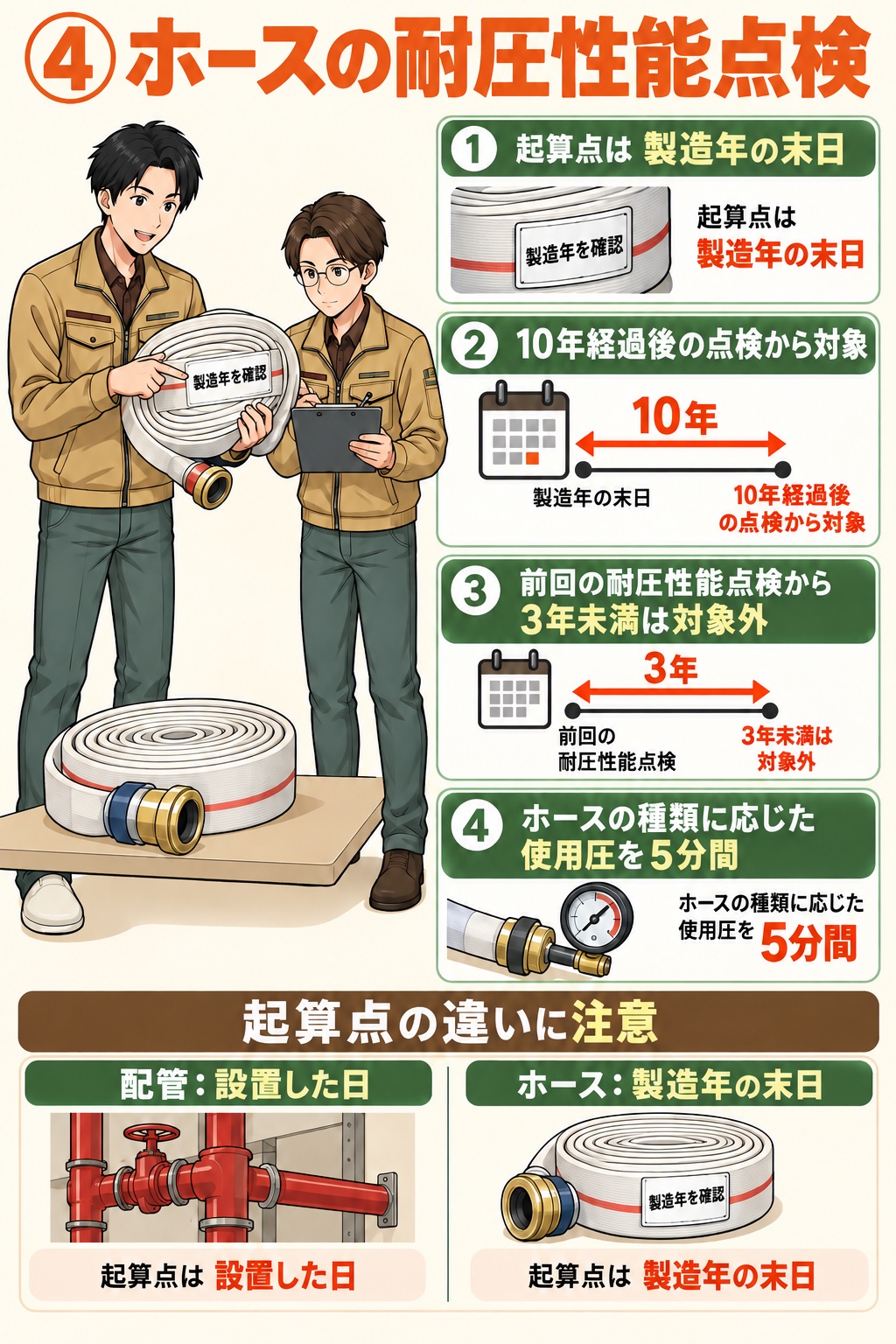 ホースの耐圧性能点検（起算点は製造年の末日・10年経過後の点検から対象・前回の耐圧性能点検から3年未満は対象外・ホースの種類に応じた使用圧を5分間かけて確認。配管は設置した日、ホースは製造年の末日と起算点が異なる）の図解