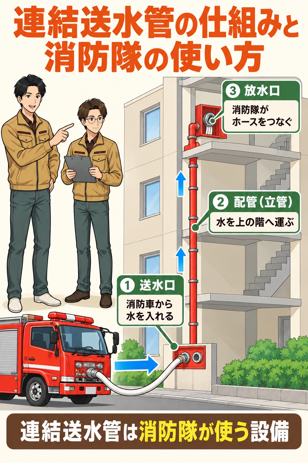 連結送水管の仕組み（①送水口に消防車から水を入れる→②配管（立管）で水を上の階へ運ぶ→③放水口に消防隊がホースをつなぐ）の図解