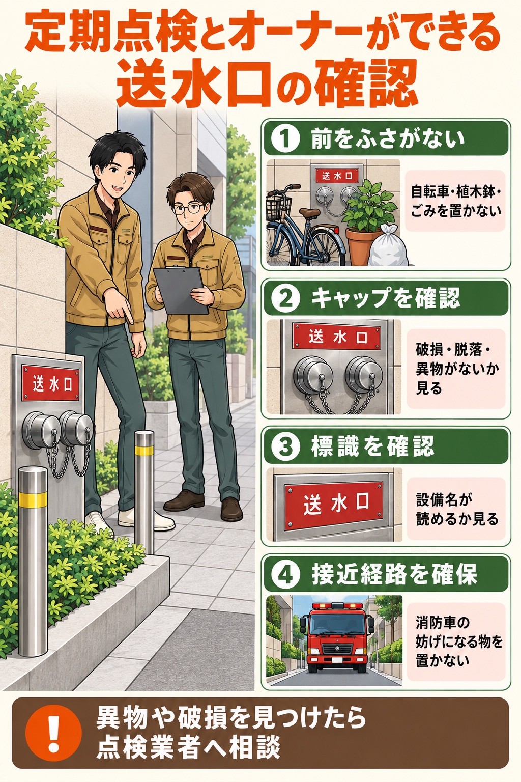 定期点検とオーナーができる送水口の確認（①前をふさがない ②キャップの破損・脱落・異物を確認 ③標識の設備名が読めるか確認 ④消防車の接近経路を確保。異物や破損を見つけたら点検業者へ相談）の図解
